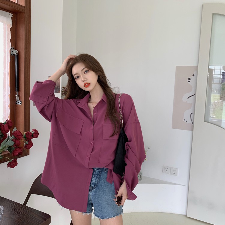 Áo Sơ Mi Chiffon Tay Dài Màu Trơn Phong Cách Hàn Quốc