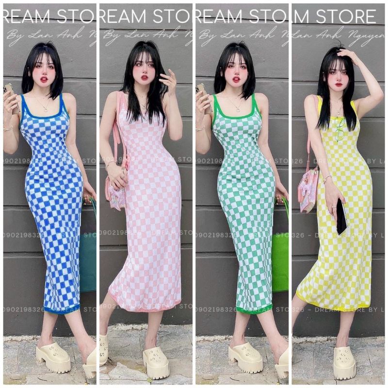 Đầm Viền Hai Dây Cổ Vuông Kẻ Ô Caro - Dáng Dài Maxi Form Ôm Body Sexy - Đơn Giản Dễ Mặc