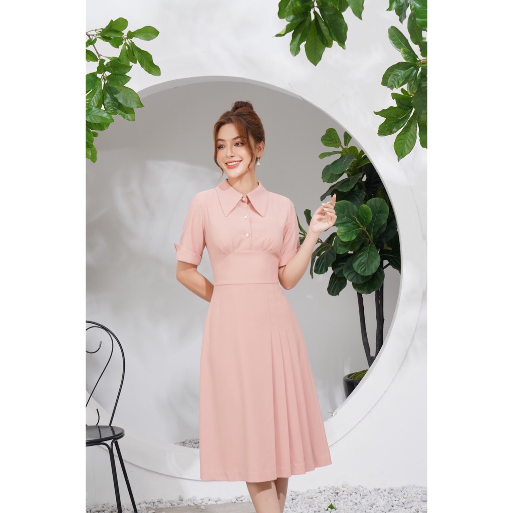 LALULILL - Đầm liền dáng A cổ đức chân xếp li trước hồng