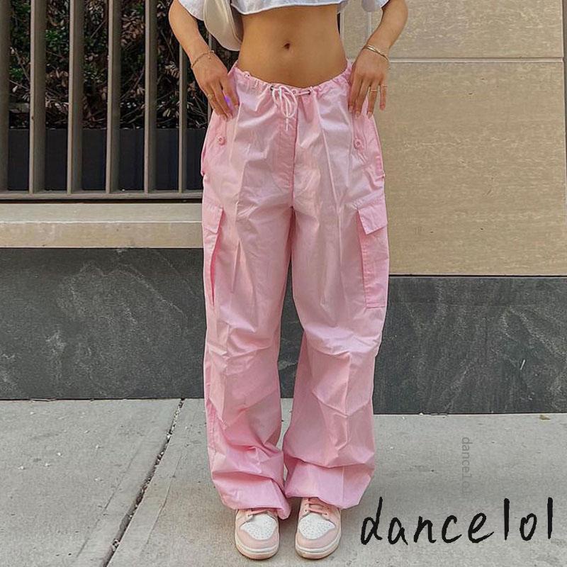 Quần Dài Ống Suông Rộng Lưng Thấp Màu Trơn Phối Dây Rút Thời Trang Cho Nữ dance1o1 y2k