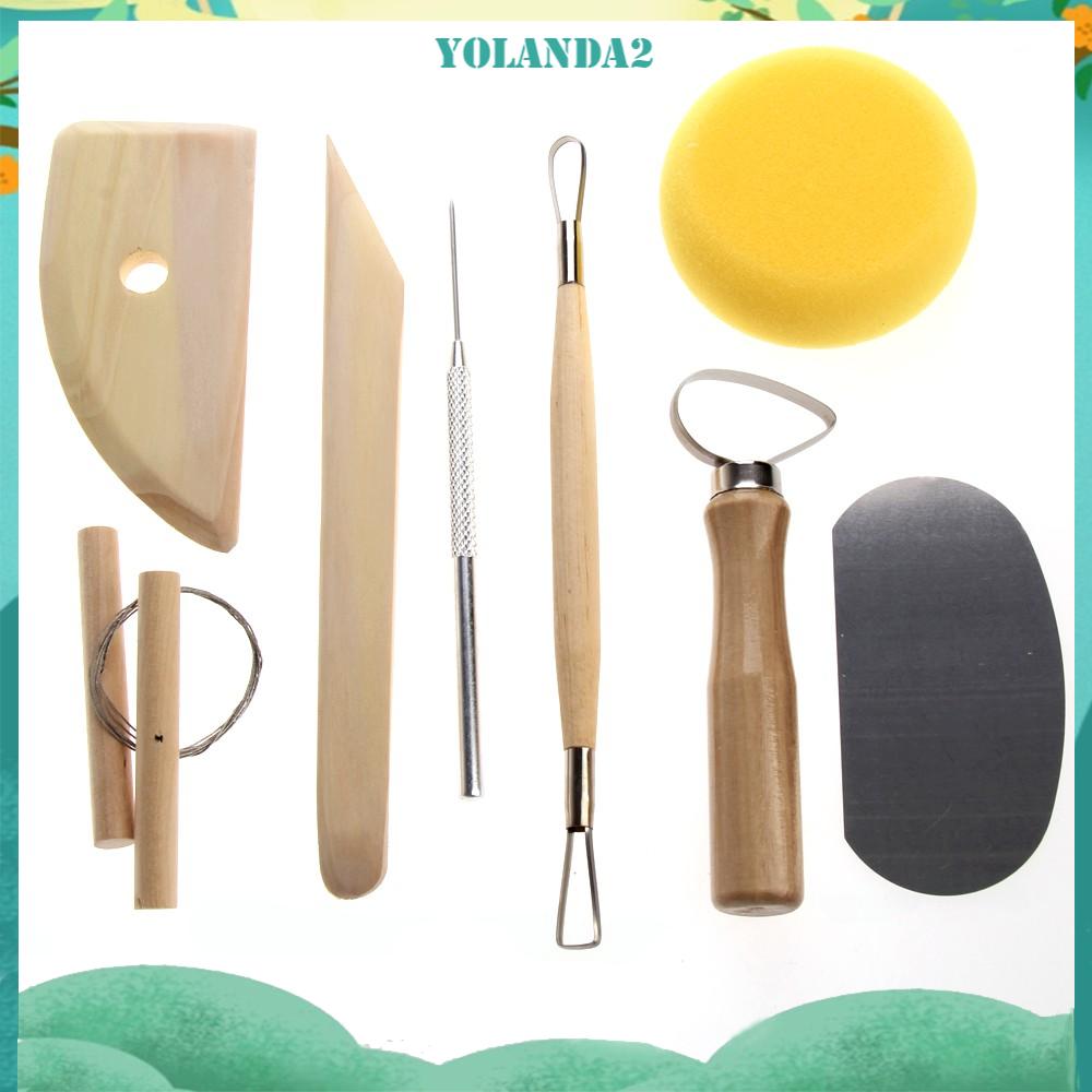 Bộ 8 phụ kiện dao bằng thép không gỉ có tay cầm bằng gỗ để nặn đất sét tiện dụng