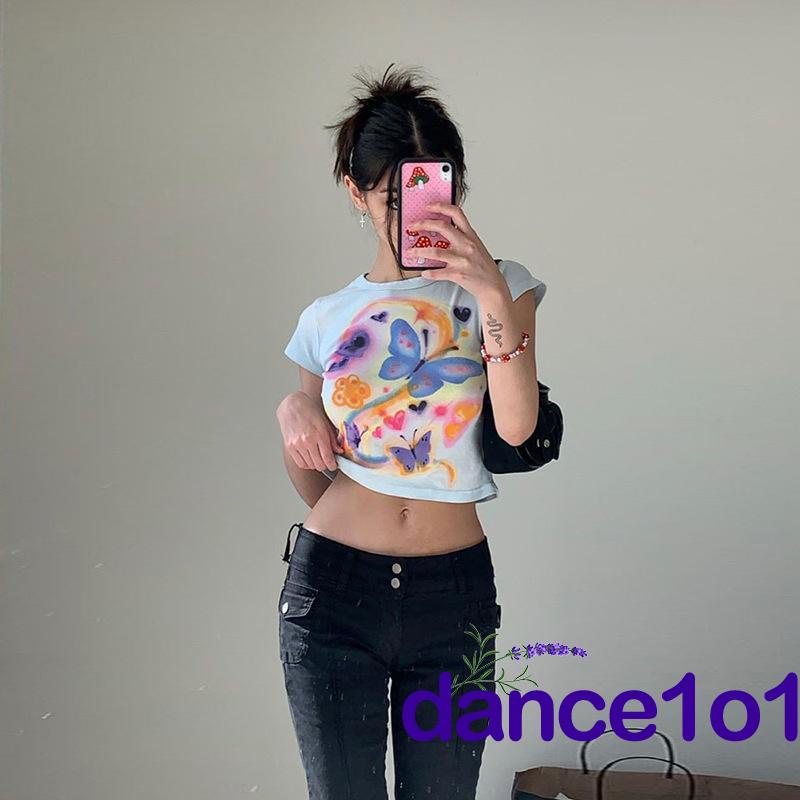 Áo thun tay ngắn họa tiết bướm nhuộm màu độc đáo quyến rũ dành cho nữ