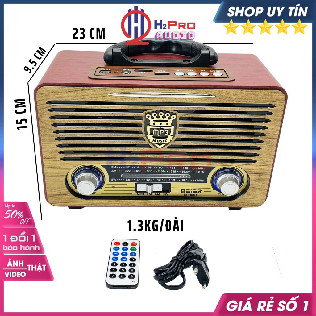 Đài Radio Nghe Nhạc, Đài Radio Bluetooth Meier M-115BT ​Cổ Điển 10W Am-Fm-Sw, Usb-Thẻ Nhớ-Aux-Pin Sạc-H2Pro Audio
