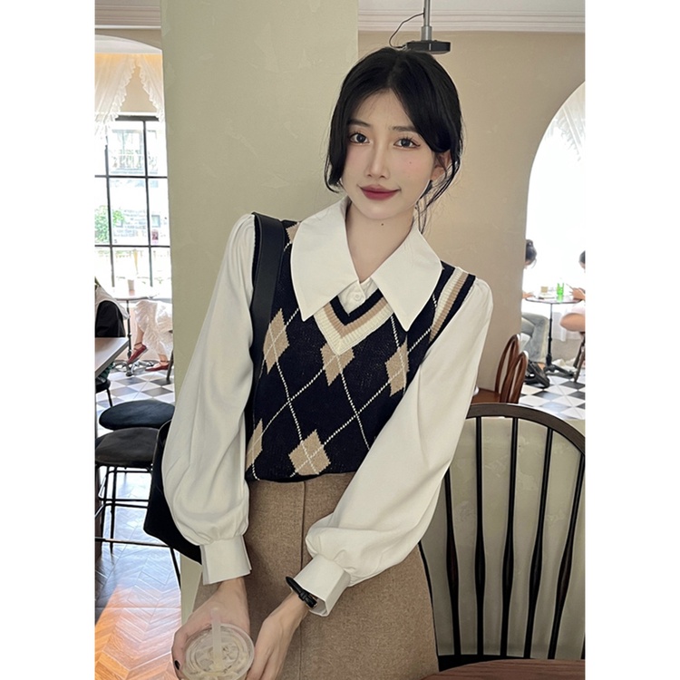 Áo gile len nữ kẻ sọc caro cổ chữ V họa tiết kim cương phối viền kiểu Hàn Quốc hàng Quảng Châu đẹp K-13