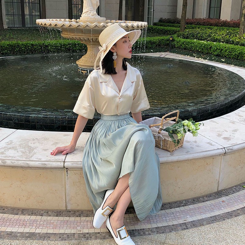 Chân váy voan satin hai lớp, chân váy dài midi dáng xoè thời trang