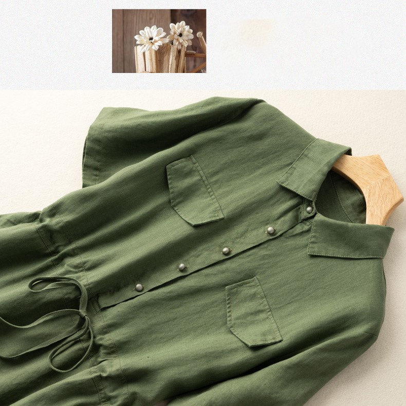 Đầm linen suông công sở cổ đức 2 túi sườn, chất đũi mát thời trang trẻ trung, phong cách Hàn Da74