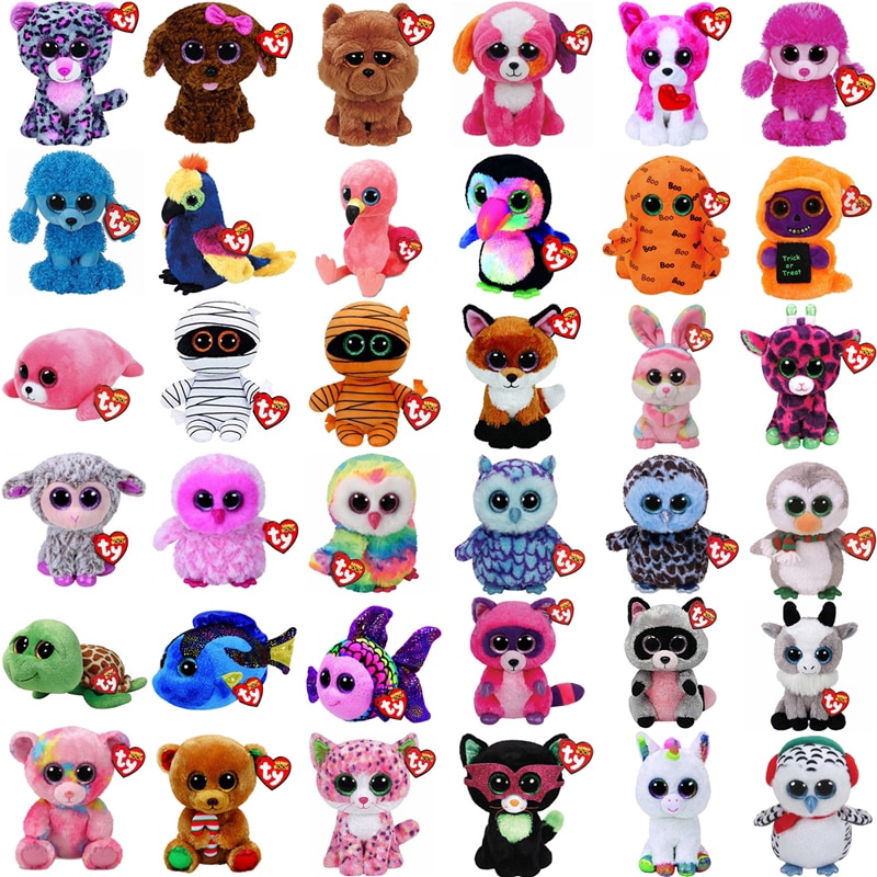 Ty Bean Bean booth 6 "15cm Parrot Gi hươu cao cổ Mèo Unicorn Flamingo Mummy Owl Big Eyes Plush Animal Doll Toy