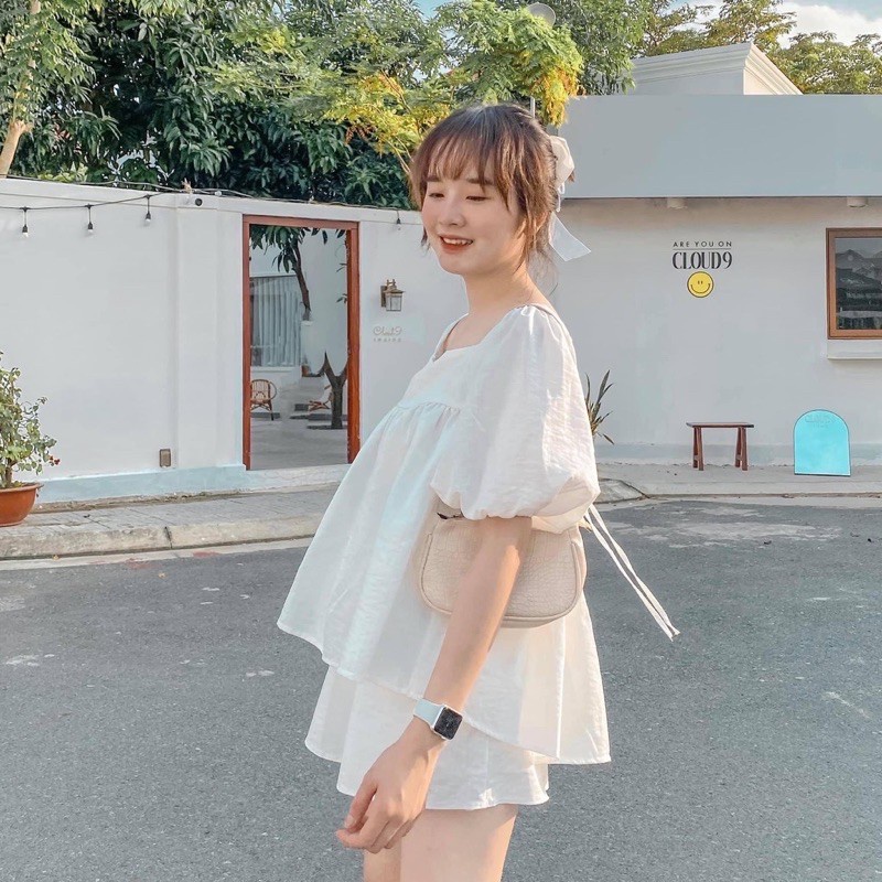 Bộ mặc nhà nữ gồm áo babydoll cổ vuông và quần đùi nữ ống rộng chất đũi mềm mát PANOSI - Mã B5