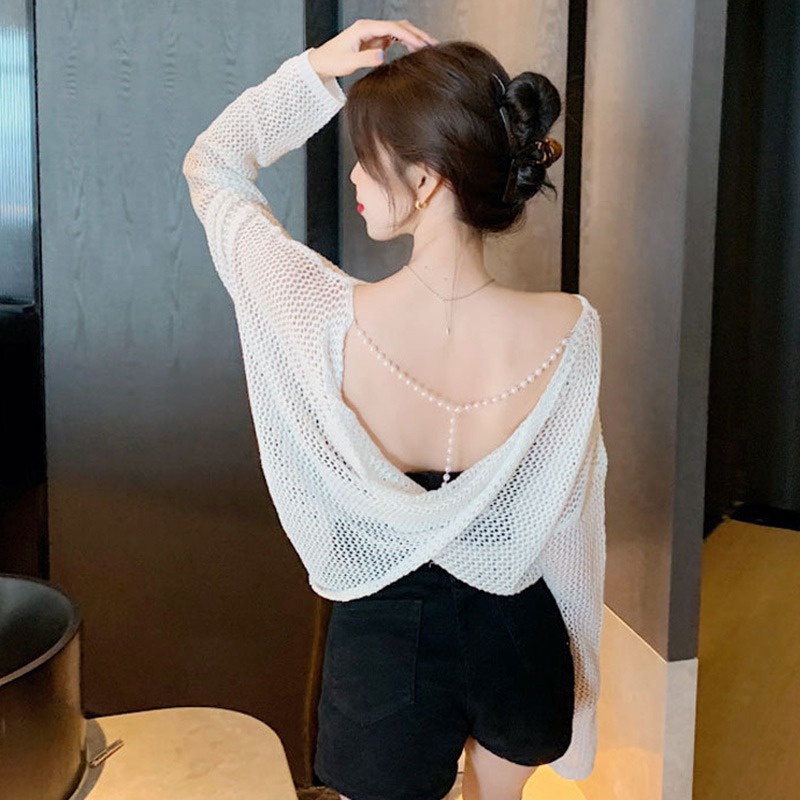 Áo Kiểu Hàn Quốc Dáng Rộng Tay Dài Hở Lưng Màu Sắc Ngọc Trai Xinh Xắn Cho Nữ