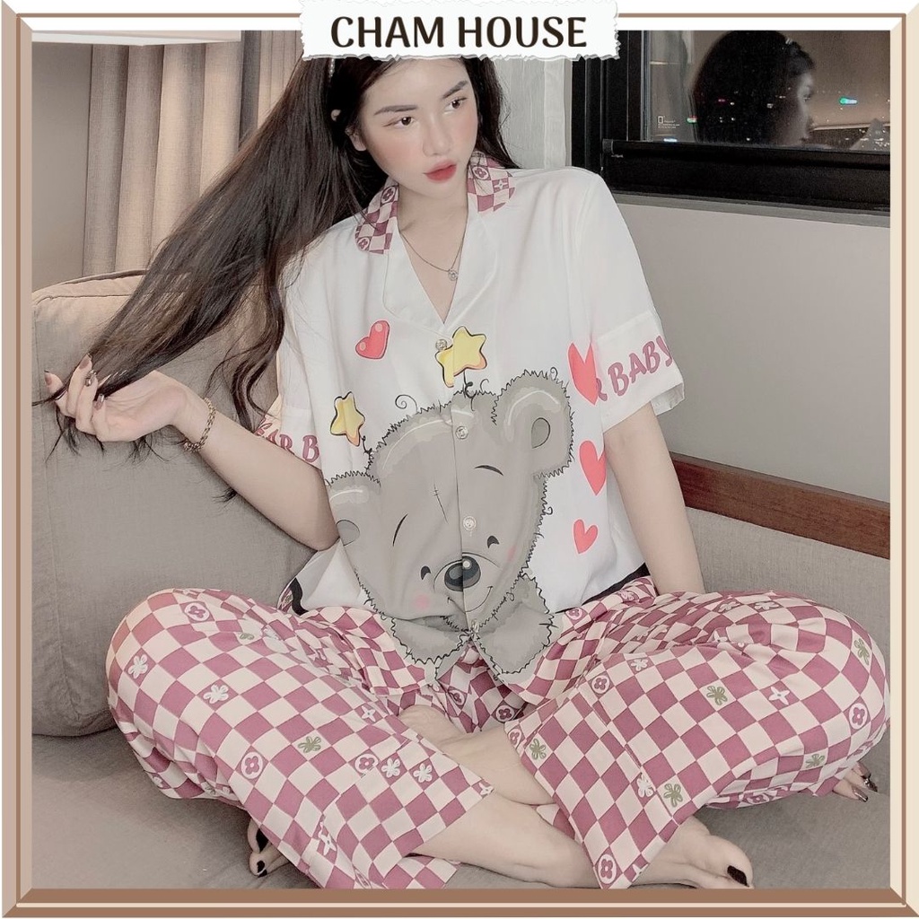 Pijama nữ tay ngắn quần dài Lụa Mango thiết kế dễ thương freesize từ 40 đến 60 kí