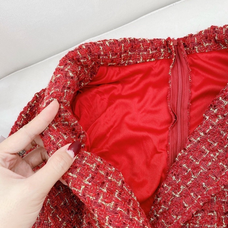 Đầm tweet đỏ dài tay