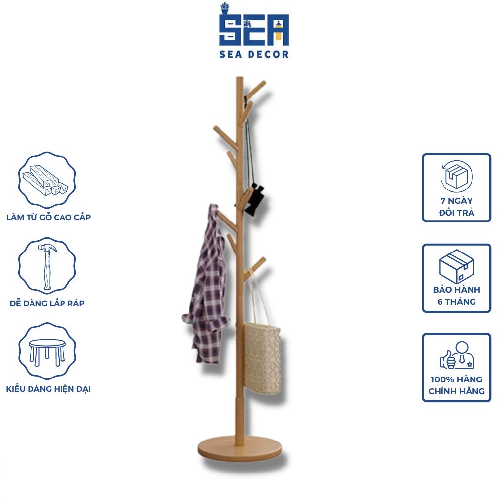 Cây Treo Quần Áo SEA DECOR Tay Tiện Hình Cây Gỗ Cao Su Siêu Bền