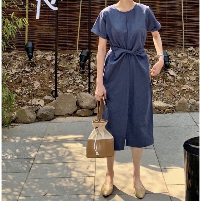 Đầm linen tưng xoắn eo