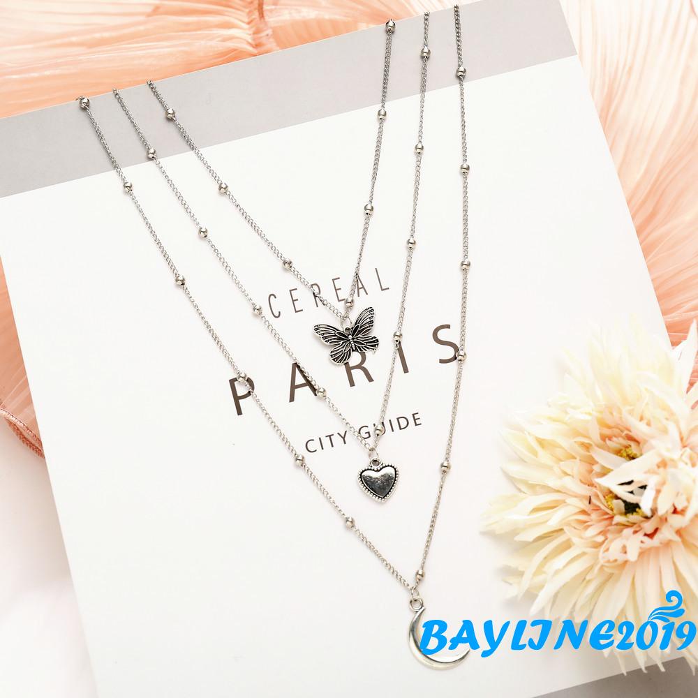 Bộ 3 Vòng cổ hợp kim mặt hình bướm mặt trăng trái tim sáng tạo cho nữ