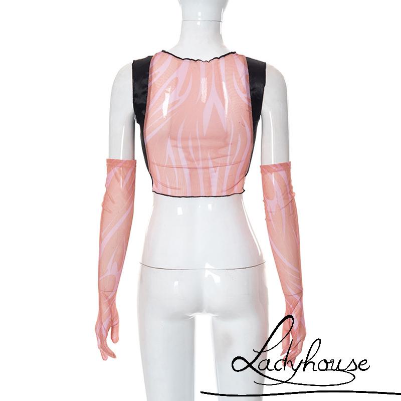 Ldd-bộ Áo Crop Top Cổ Tròn Khoét Lỗ Có Tay Áo Cho Nữ