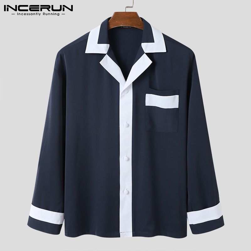 Áo sơ mi INCERUN tay dài dáng rộng cài nút màu sắc tương phản thời trang mùa xuân cho nam