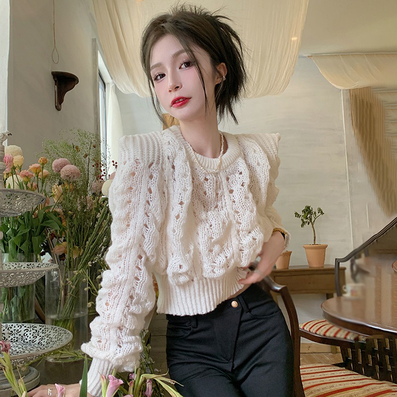 Áo Croptop Dệt Kim Tay Dài Cổ Tròn Màu Trơn Thời Trang Phong Cách Hàn Quốc Cho Nữ