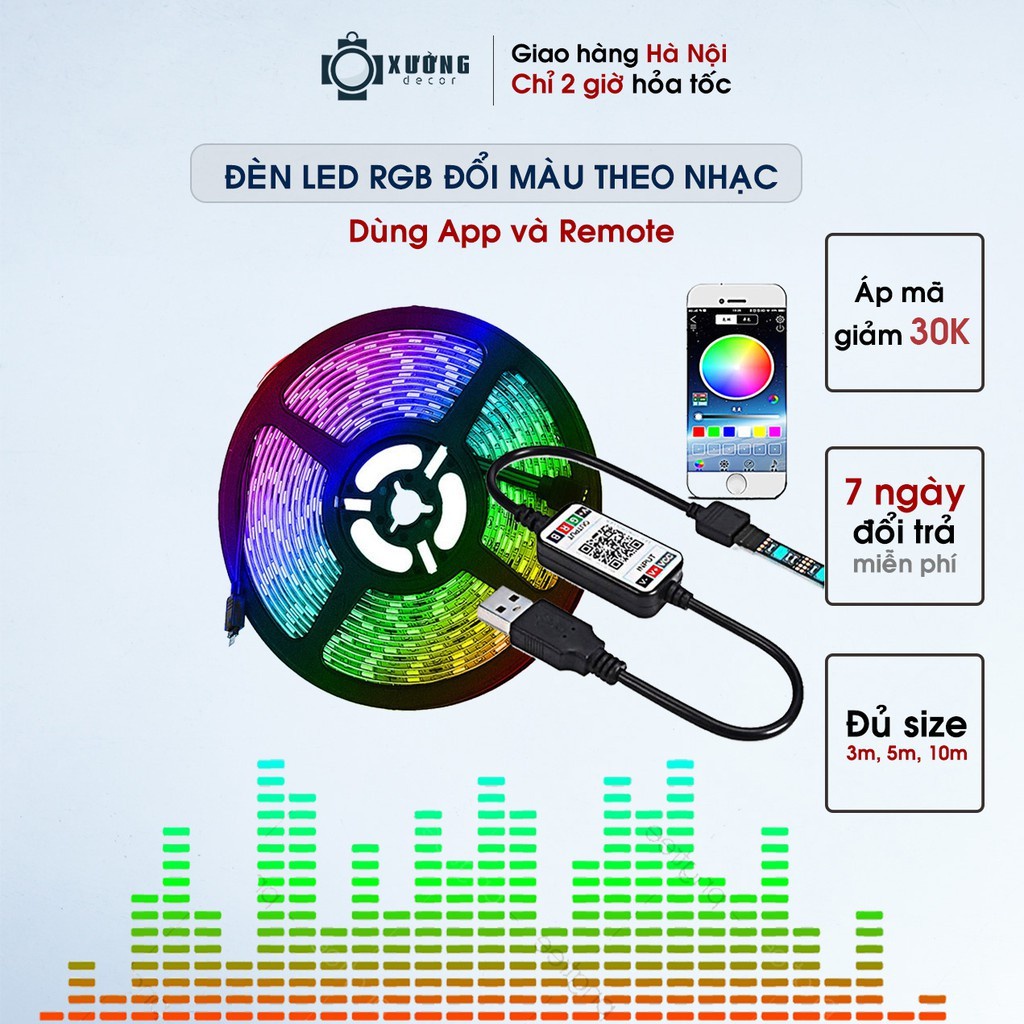 Đèn led Tiktok RGB 5050 16 triệu màu điều khiển bằng điện thoại, Tặng kèm dây kết nối