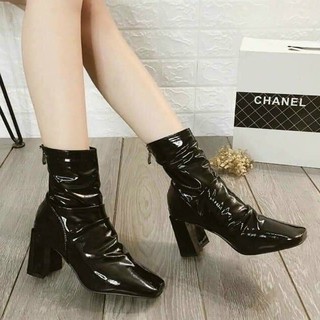 Boots nữ (FULL HỘP- lót lông), da bóng dáng nhăn, gót vuông dáng ôm chân, bao đẹp, bao sang