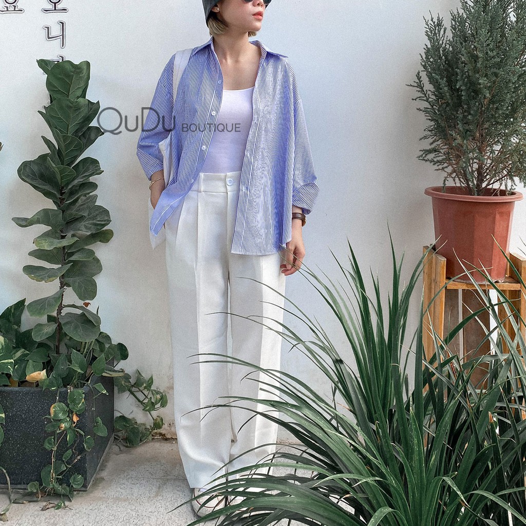 [Mã FAMARAL1 giảm 10K đơn 50K] [HOT TREND] Áo Sơ Mi Nữ QuDu, Sơ Mi Sọc Xanh Dáng Rộng Freesize Đồ Đi Biển Mùa Hè 2021