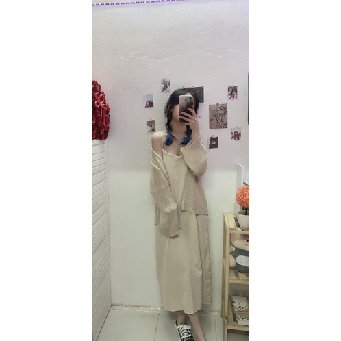 Sét váy 2 dây maxi đũi xước mix kèm áo khoác cadigan ngoài mỏng nhẹ mặc đi biển xinh