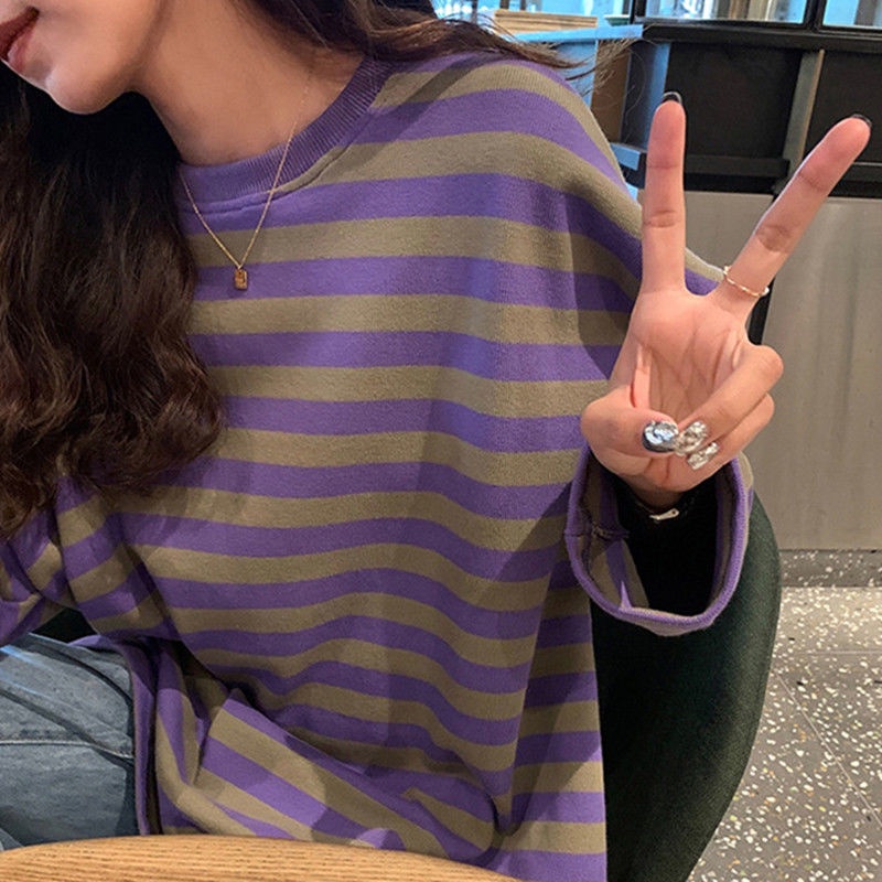 Jiashucheng Áo Thun Nữ Dài Tay Hở Vai Họa Tiết Sọc Ngang Phong Cách Mới