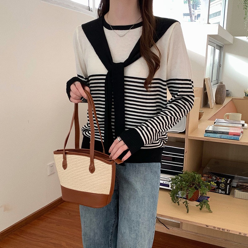 【ZHELIHANGFEI】Áo Dệt Kim Tay Dài Dáng Rộng Kẻ Sọc Giả Hai Lớp Dễ Phối Đồ