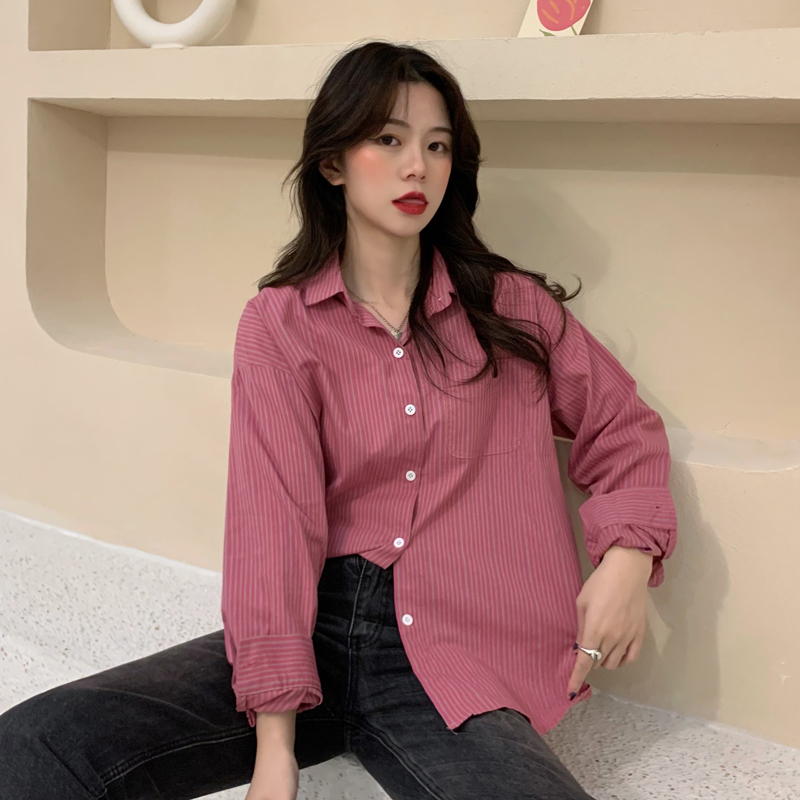 Áo Sơ Mi Nữ Tay Dài Họa Tiết Kẻ Sọc Đơn Giản Thời Trang