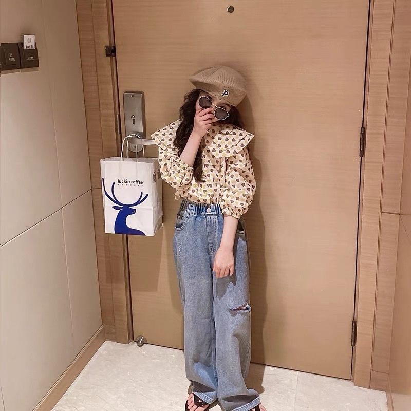 Áo sơ mi bé gái Áo kiểu bé gái cổ tròn hình trái tim size đại