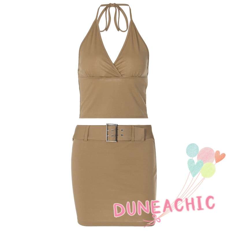 DUNEA Set Áo Yếm Hở Lưng + Chân Váy Midi Thời Trang Nữ