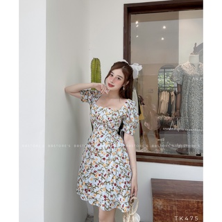 Đầm hoa tay phồng cổ vuông - tk475