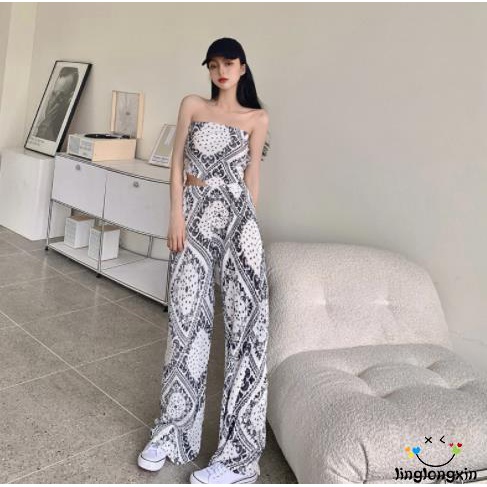 Bộ Đồ 2 Mảnh Áo + Quần Ống Rộng In Họa Tiết Sứ Màu Xanh Trắng Phong Cách Cổ Điển Dành Cho Nữ