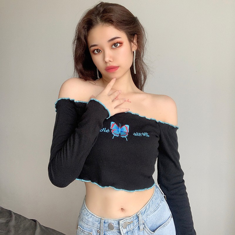 Áo croptop tay dài trễ vai bướm HAC41 - Hỉn Hỉn Store