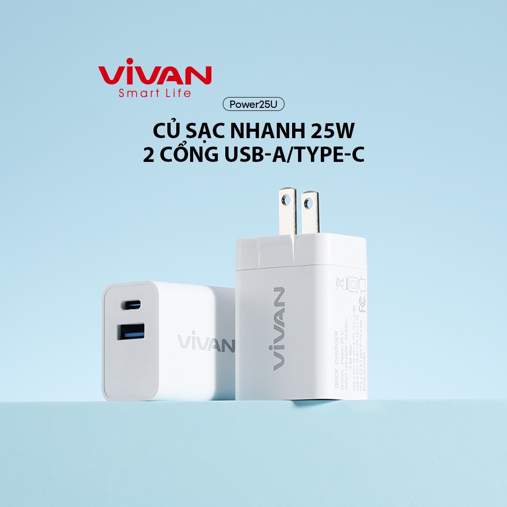 Cốc Sạc Nhanh PD 25W 2 Cổng USB-A/Type-C AC 100-240V VIVAN POWER 25U - Hàng Chính Hãng