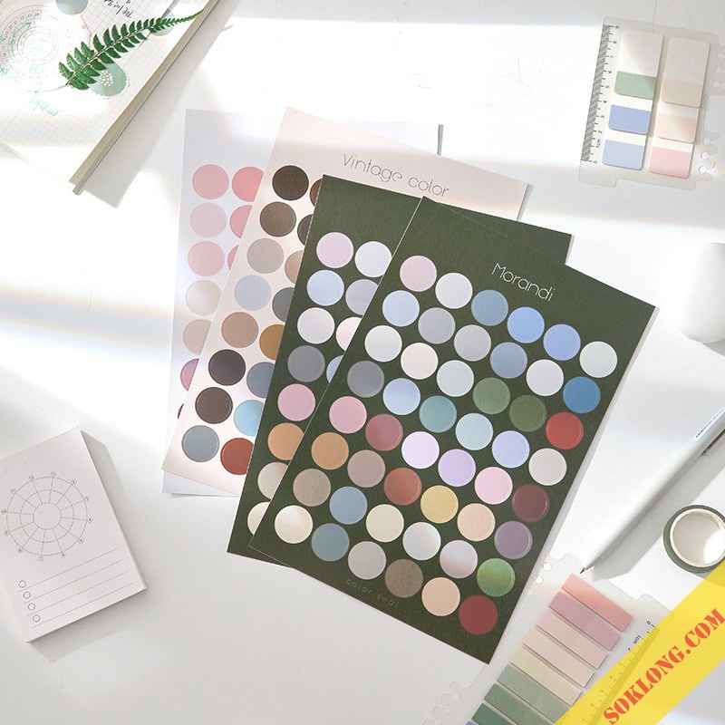 Bộ 48 sticker dán hình tròn nhiều màu, nhãn dán dot dán Bullet journal, Planner