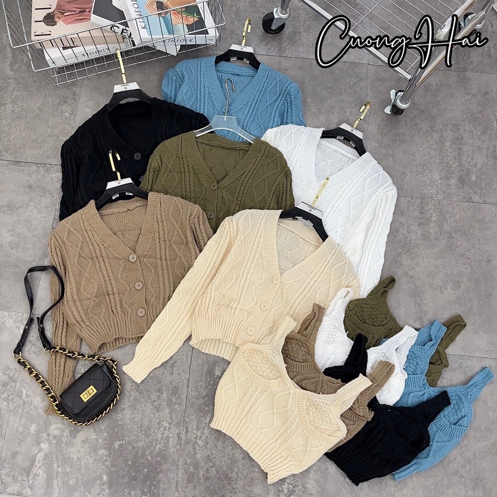 Set len 2 chi tiết áo len croptop kèm áo cardigan khoác ngoài, chất len siêu đẹp không xù