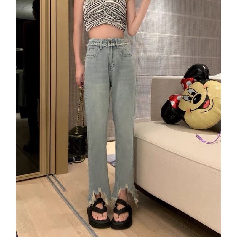 Quần Jean Rách Lưng Cao Ống Đứng Thời Trang Cho Nữ