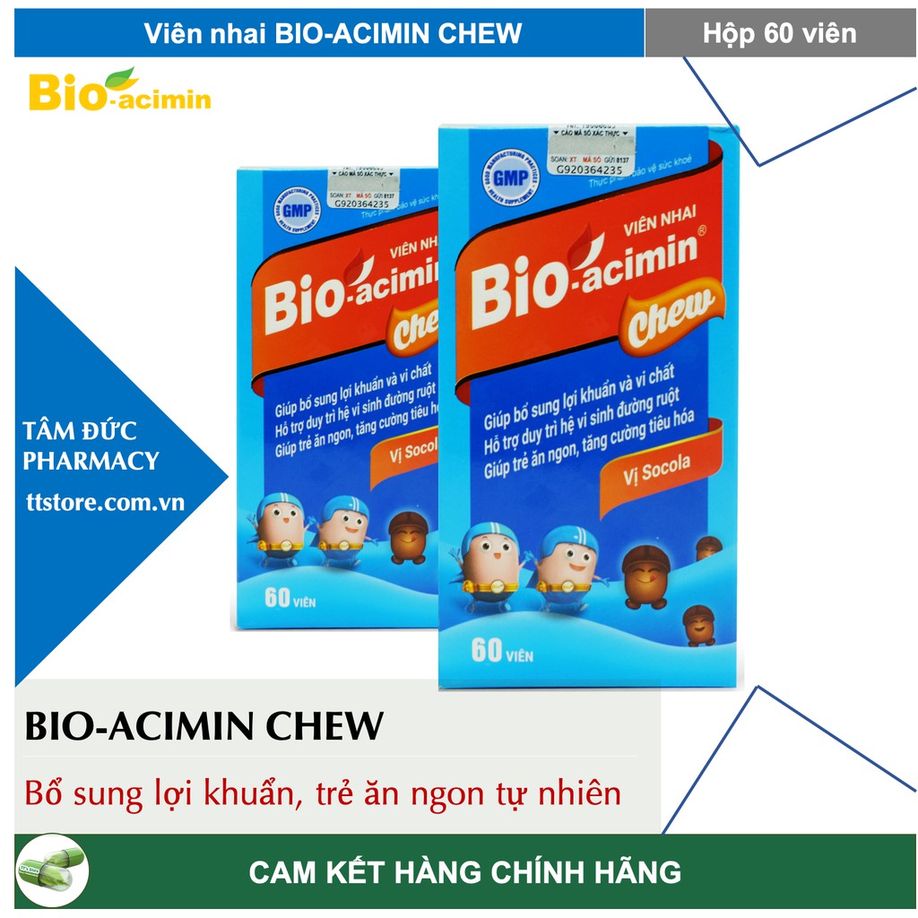 Viên nhai BIO-ACIMIN CHEW vị chocolate [Hộp 60 viên] - Bổ sung men vi sinh, bé ăn ngon - Bioacimin gold