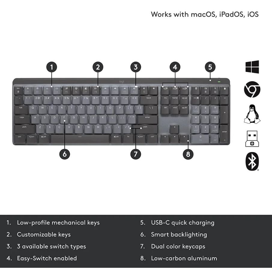 Bàn phím cơ Không Dây Logitech MX Mechanical Fullsize (Sẵn đầu thu Logi Bolt) - Hàng chính hãng