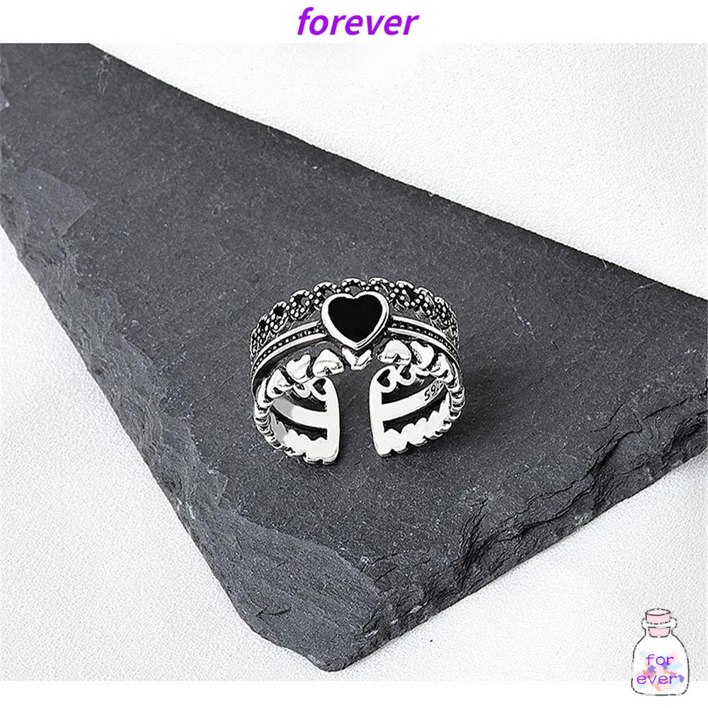 🌱FOREVER🌱 Open Ring For Women Jewelry Heart Vintage Ins Simple Style|Personality Adjustable Black