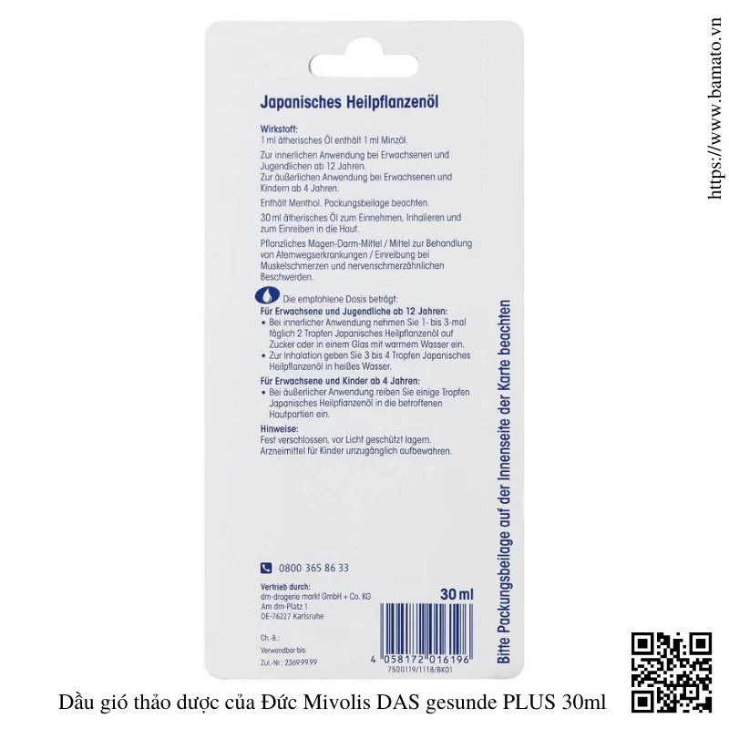 Dầu gió Đức tinh dầu thảo dược Bạc Hà Mivolis Das Gesunde Plus 30ml