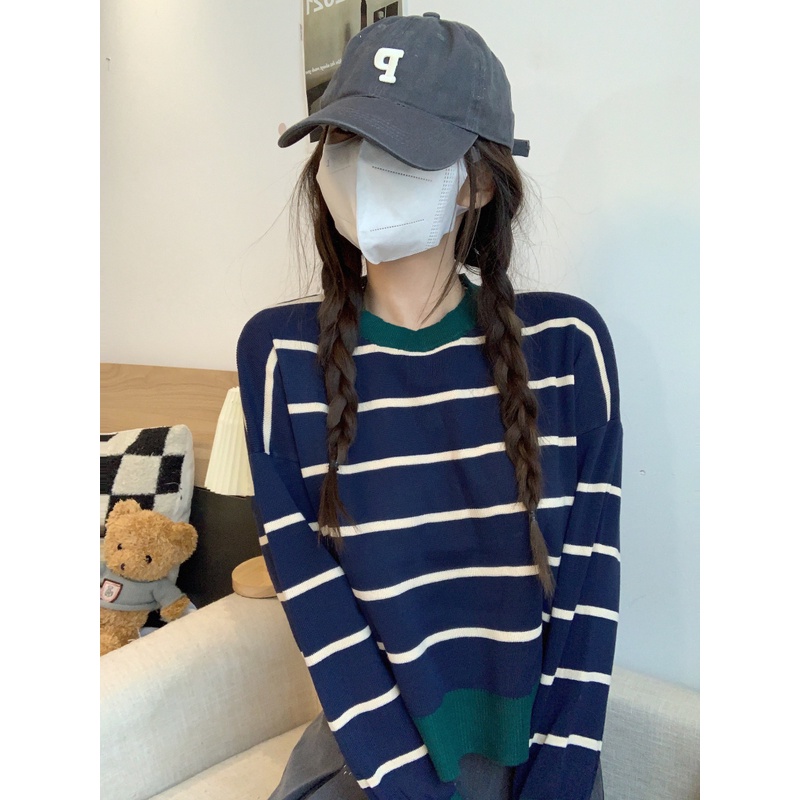 ZHELIHANGFEI Áo Len Tay Dài Lưng Cao Họa Tiết Kẻ Sọc Hợp Thời Trang