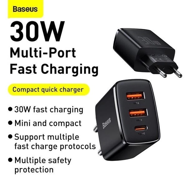 Củ sạc siêu nhanh Baseus Compact 3 cổng TypeC/ USB hỗ trợ QC4.0/PD3.0 cho Ip13, Smartphones