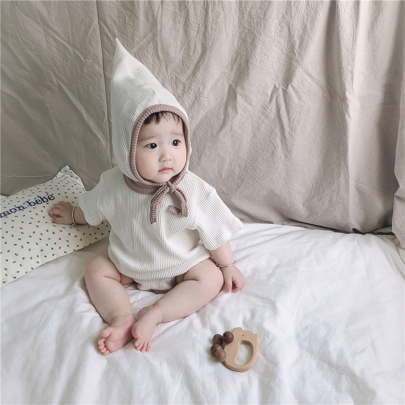 Bộ áo liền quần ngắn tay + mũ cotton cho bé gái sơ sinh