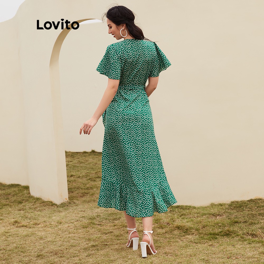 Lovito Đầm cổ chữ V xẻ sâu họa tiết chấm bi phong cách Boho màu xanh lá L12014 | BigBuy360 - bigbuy360.vn