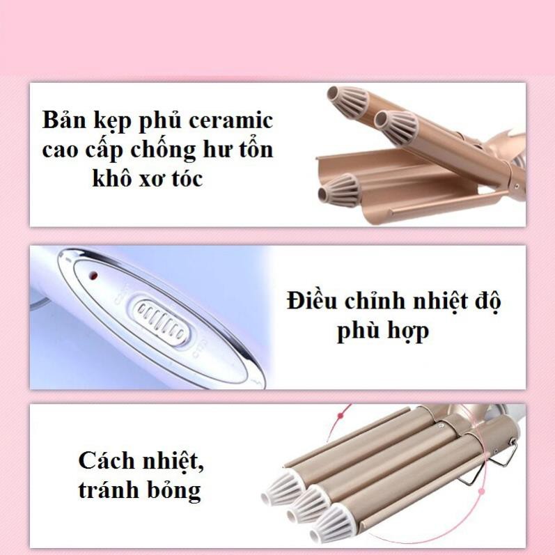 Máy uốn tóc đa năng Kemei-1010 chuyên nghiệp với 3 trục uốn có thể dùng uốn xoăn, uốn lọn gợn sóng, tạo độ phồng cho tóc