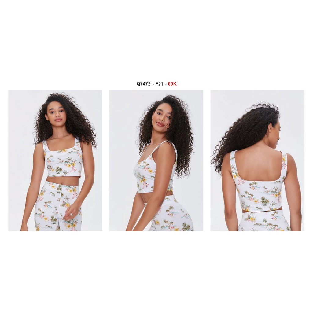 Q7472 - Áo thun croptop F21 2 dây, in hoa và cây
