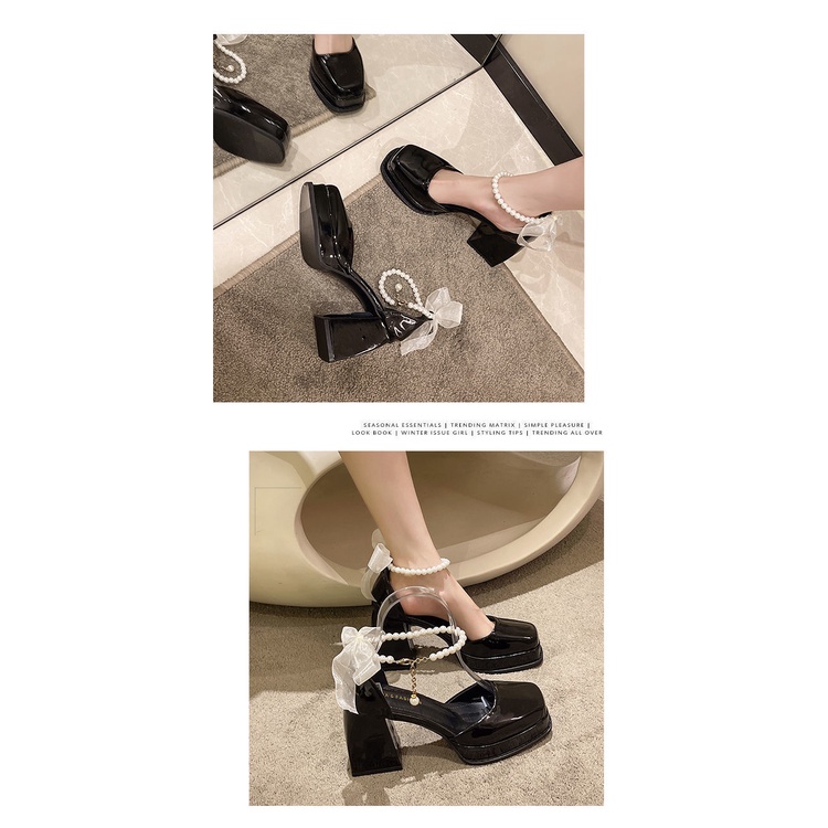 Giày Cao Gót Mary Jane Đế Dày Đính Nơ Ngọc Trai Thời Trang Mùa Xuân 2022