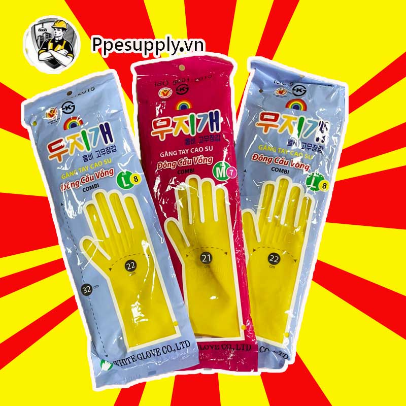 Găng tay cao su rửa chén✅Giá sỉ✅ Hiệu Cầu Vồng, màu Đỏ, hồng, vàng, bao tay rửa bát, cỡ TRUNG 32cm, cao su siêu dai
