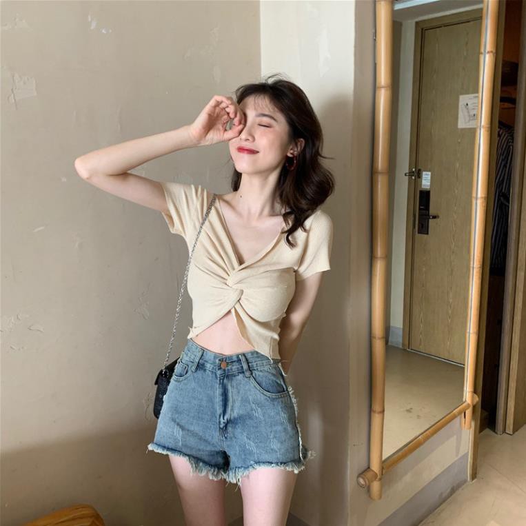 Áo thun croptop dệt kim ngắn tay kiểu đắp chéo cổ chữ V màu trơn cá tính cho nữ Xịn *